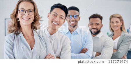 Confidence, portrait and happy people in leadership, teamwork and our vision for success manager or employees. About us, mission and smile of boss, executive and diversity group in business headshot 117271674