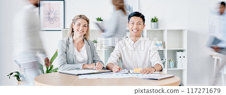 Planning, teamwork and people in busy office portrait for startup management, meeting or collaboration. Business vision, job workflow and manager, boss or diversity partner working in fast workplace 117271679