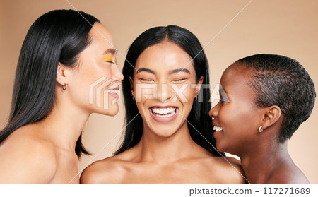 Beauty, diversity and skincare women isolated on studio background for makeup, cosmetics and empowerment. Happy people, model or international friends smile with dermatology glow, love and aesthetic 117271689