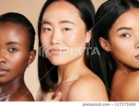 Diversity, women and skincare, portrait of beauty models empowerment and focus on studio background. Health, wellness and luxury cosmetics, healthy skin care and beautiful people with natural makeup. 117271690
