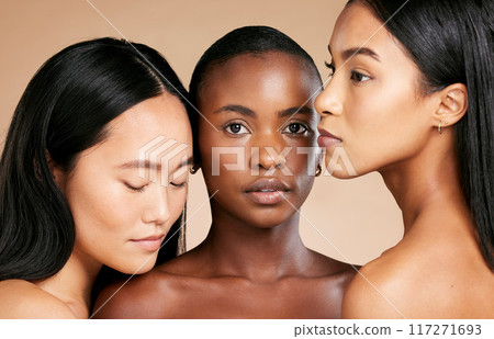 Beauty, creative portrait of multicultural women and skincare salon on studio background. Health, wellness and diversity, luxury cosmetics for healthy skin care and beautiful people in natural makeup Beauty, creative portrait of multicultural women and skincare salon on studio background. Health, wellness and diversity, luxury cosmetics for healthy skin care and beautiful people in natural makeup 117271693