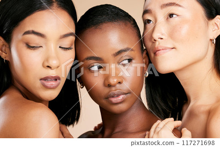 Skincare, cosmetics and diversity, women with beauty and wellness, cropped on studio background. Health, culture and luxury skin care for beautiful people with natural makeup for international market Skincare, cosmetics and diversity, women with beauty and wellness, cropped on studio background. Health, culture and luxury skin care for beautiful people with natural makeup for international market 117271698