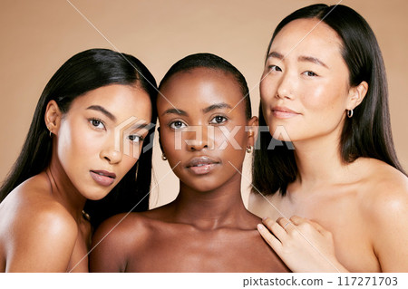 Skincare, beauty and diversity, portrait of women with serious face on art studio background. Health, wellness and luxury cosmetics, healthy skin care and beautiful people with natural salon makeup. Skincare, beauty and diversity, portrait of women with serious face on art studio background. Health, wellness and luxury cosmetics, healthy skin care and beautiful people with natural salon makeup. 117271703