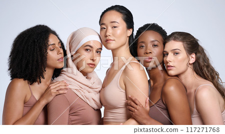 Beauty, diversity and women in portrait with skin, inclusion and different, global and community with support and equality in race. Skincare, wellness and natural cosmetics against studio background. Beauty, diversity and women in portrait with skin, inclusion and different, global and community with support and equality in race. Skincare, wellness and natural cosmetics against studio background. 117271768