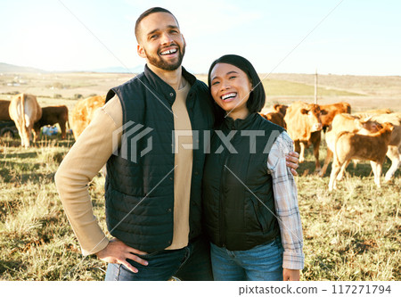 Portrait, farm and couple on cattle farm, smile and happy for farming success, agro and agriculture. Farmer, man and woman hug on grass field with livestock, excited for sustainability business 117271794