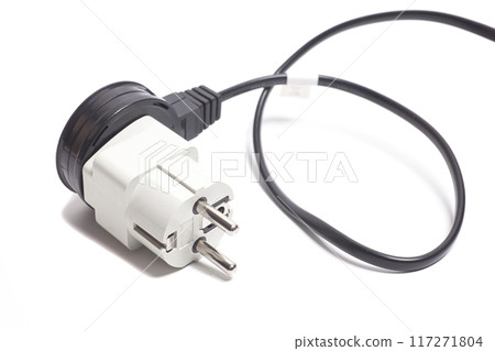 Power cable with universal white plug adapter isolated on white Power cable with universal white plug adapter isolated on white 117271804