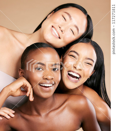 Friends, diversity and skincare, women smile together in happy portrait on studio background. Health, wellness and luxury cosmetics for skin care and beautiful multicultural people in natural makeup. 117271811