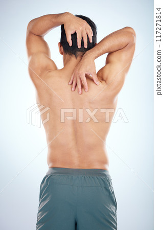 Man, body or stretching back muscles on blue background in studio pain relief, healthcare wellness or burnout tension release. Sports athlete, fitness model or coach flexing in workout success check 117271814