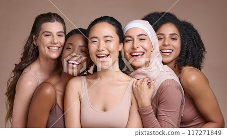 Happy, portrait and women with diversity and beauty, friends together and inclusion, pride in different skin and studio background. Skincare, glow and empowerment with multicultural models. 117271849