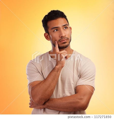 Thinking, wondering and thoughtful Asian man with a choice isolated on a yellow background in a studio. Curious, think and Japanese person with a problem, thoughts or idea on a bright backdrop Thinking, wondering and thoughtful Asian man with a choice isolated on a yellow background in a studio. Curious, think and Japanese person with a problem, thoughts or idea on a bright backdrop 117271850