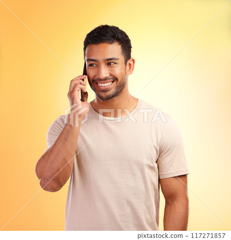 Man, studio and happy phone call conversation, listening and smile for information, news and networking. Model, smartphone communication and talking on mobile network, using phone and connection 117271857