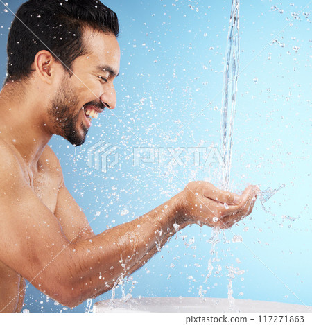 Water, hands or man in shower in studio cleaning body for wellness or skincare with a happy smile. Water splash, mock up or relaxed model washing for self care grooming with marketing or mockup space 117271863