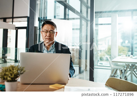 Office laptop, typing and senior man reading feedback review of social media, customer experience or ecommerce website. Data analytics, infographic or Asian marketing worker analysis of online survey 117271896
