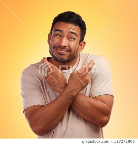 Fingers crossed, man and model with a orange studio background with hand sign for luck. Smile, hope and faith of a person with beard holding hands gesture for wish and optimism feeling hopeful Fingers crossed, man and model with a orange studio background with hand sign for luck. Smile, hope and faith of a person with beard holding hands gesture for wish and optimism feeling hopeful 117271908