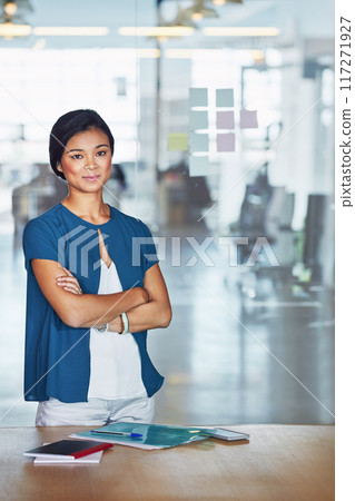 Portrait, business and Asian woman arms crossed, leader and planning in modern office, sales growth and schedule. Ceo, female employee and entrepreneur with leadership, management and corporate deal 117271927