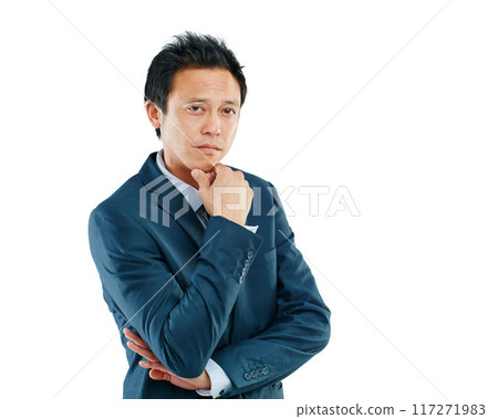 Executive, corporate and portrait of a businessman with arms crossed isolated on a white background in studio. Vision, ceo and Asian worker in a suit for professional work on a studio background 117271983