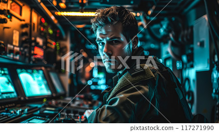 A young military officer in a control room. The concept represents leadership, vigilance, and modern defence operations. Generative AI. A young military officer in a control room. The concept represents leadership, vigilance, and modern defence operations. Generative AI. 117271990