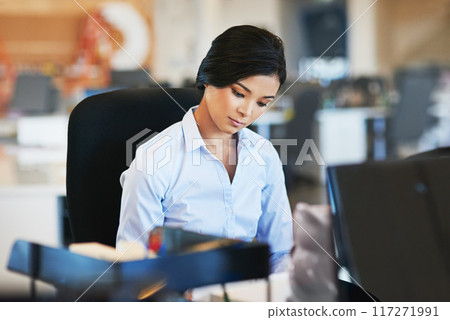 Corporate, Asian woman and working in office, focus and planning schedule, deadline and employee. Business, female worker and administrator thinking, target and goal success, calm and professional Corporate, Asian woman and working in office, focus and planning schedule, deadline and employee. Business, female worker and administrator thinking, target and goal success, calm and professional 117271991