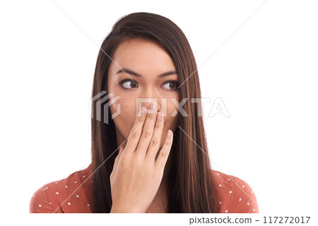 OMG. Wow, thinking and mockup with a woman surprised in studio isolated on a white background in shock. Omg, idea and mock up with an attractive young female posing hand over mouth on blank space. OMG. Wow, thinking and mockup with a woman surprised in studio isolated on a white background in shock. Omg, idea and mock up with an attractive young female posing hand over mouth on blank space. 117272017