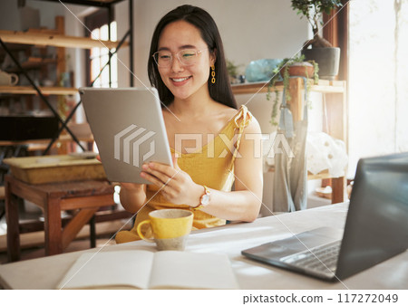 Thinking, creative and tablet with of asian woman and idea in startup for management, planning or research. Ecommerce, store and product with small business owner for design, art and pottery workshop 117272049