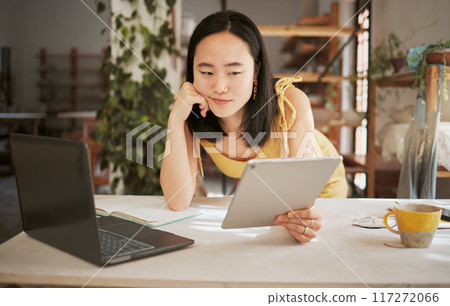 Thinking, research and tablet with asian woman confused in startup for management, planning or innovation. Idea, vision and creative with small business owner for branding, agenda or web design 117272066