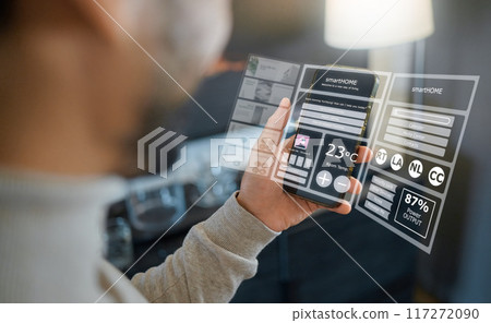 Smart home technology, phone hologram or man programming air conditioning, safety security network or house automation dashboard. Software system hud, virtual ui screen or person with digital IOT app Smart home technology, phone hologram or man programming air conditioning, safety security network or house automation dashboard. Software system hud, virtual ui screen or person with digital IOT app 117272090