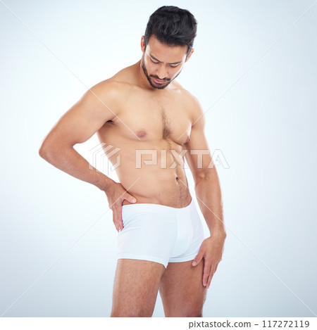 Fitness, underwear or man in studio for training, body exercise or bodybuilding workout for wellness. White background, motivation or healthy male model body builder with muscle development or goals Fitness, underwear or man in studio for training, body exercise or bodybuilding workout for wellness. White background, motivation or healthy male model body builder with muscle development or goals 117272119