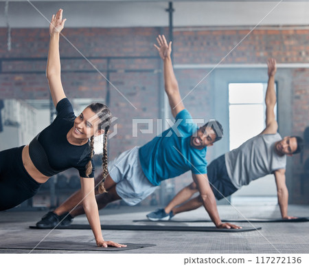Fitness, team and stretching arms for workout, exercise or training together with smile at the gym. Active people in a sports class for warm up stretch, arm and body balance in healthy wellness Fitness, team and stretching arms for workout, exercise or training together with smile at the gym. Active people in a sports class for warm up stretch, arm and body balance in healthy wellness 117272136