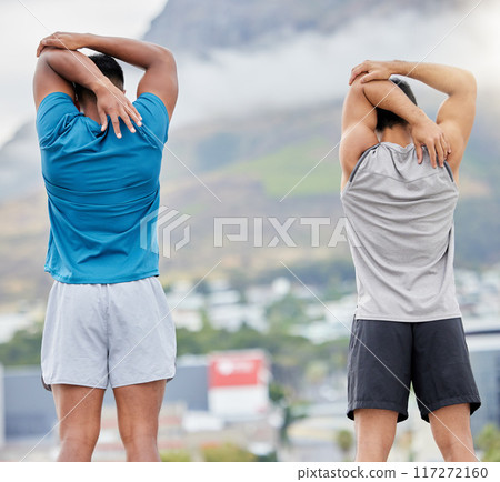 Arm stretching, fitness and friends in city for health or wellness. Back view, training and men, group or people warm up arms together getting ready for running exercise, workout or cardio outdoors Arm stretching, fitness and friends in city for health or wellness. Back view, training and men, group or people warm up arms together getting ready for running exercise, workout or cardio outdoors 117272160