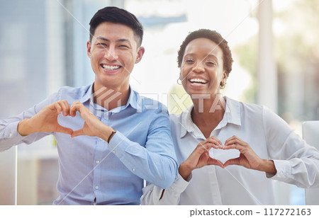 Portrait of diversity team with heart sign for corporate care, business solidarity or staff teamwork support. Asian man, African black woman or happy workforce with emoji love symbol, gesture or icon 117272163