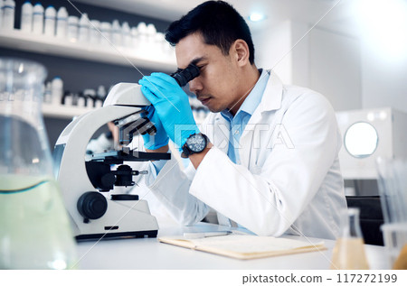 Microscope, Asian man in laboratory for healthcare, science method and research innovation. Male researcher, chemist and medical professional check sample, results and lab equipment for analysis. Microscope, Asian man in laboratory for healthcare, science method and research innovation. Male researcher, chemist and medical professional check sample, results and lab equipment for analysis. 117272199