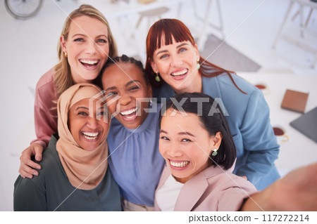 Business, friends and office selfie with happy business women excited, inclusive and relax together. Diversity, face and team of empowered businesswomen smile for picture in support of collaboration Business, friends and office selfie with happy business women excited, inclusive and relax together. Diversity, face and team of empowered businesswomen smile for picture in support of collaboration 117272214