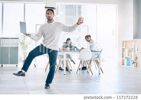 Balance, multitask and busy with a business man carrying a laptop, book and coffee in the boardroom. Assistant, overworked and one leg with a male employee multitasking during a meeting in the office 117272228