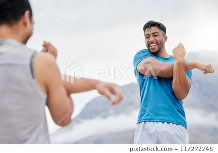 Arm stretching, health and friends in nature for fitness or wellness. Training, exercise and happy men, group or people warm up arms together getting ready for running, workout or cardio outdoors. 117272248