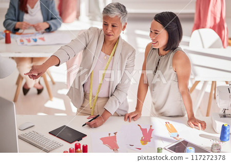 Fashion, designer and manager on computer, design drawing or sketch for planning, consulting and teamwork in workshop. Asian and mature women collaboration, support and talking about retail sale 117272378