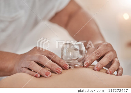 Cupping therapy, massage and hands with glass zoom for spa, holistic wellness and body healing. Professional physical therapy therapist with blood acupuncture or natural vacuum treatment in zen room Cupping therapy, massage and hands with glass zoom for spa, holistic wellness and body healing. Professional physical therapy therapist with blood acupuncture or natural vacuum treatment in zen room 117272427