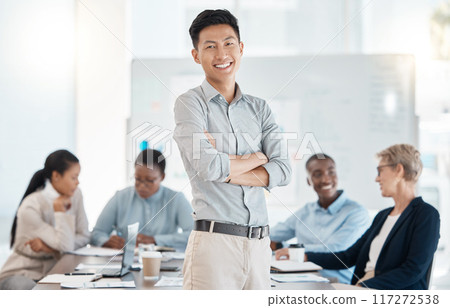 Asian businessman, leadership and meeting with arms crossed for team collaboration, planning or workshop at the office. Portrait of happy, confident and proud Japanese man in corporate management Asian businessman, leadership and meeting with arms crossed for team collaboration, planning or workshop at the office. Portrait of happy, confident and proud Japanese man in corporate management 117272538