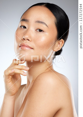 Beauty, skincare and asian with portrait of woman for cosmetics, wellness and natural makeup. Spa, luxury and health with girl in gray background in studio for salon, facial and model product Beauty, skincare and asian with portrait of woman for cosmetics, wellness and natural makeup. Spa, luxury and health with girl in gray background in studio for salon, facial and model product 117272544