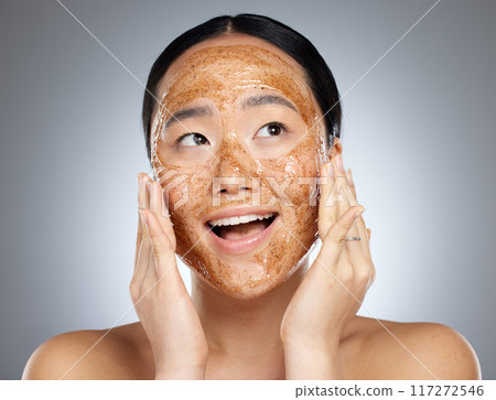 Skincare, exfoliate and asian woman face mask for healthy, smooth and soft skin and happy with cosmetic result. Beauty model with facial cleaning product with smile and wellness to prevent dry acne Skincare, exfoliate and asian woman face mask for healthy, smooth and soft skin and happy with cosmetic result. Beauty model with facial cleaning product with smile and wellness to prevent dry acne 117272546