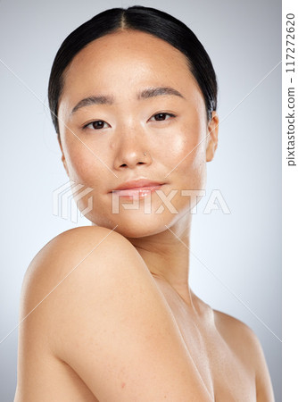 Skincare, wellness and beauty portrait of Asian woman on white background studio. Young woman with natural beauty and healthy skin model for beauty products, spa and skincare products for body care 117272620