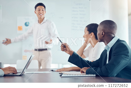 Presentation, leadership and businessman in a meeting planning a marketing, branding and sales strategy. Asian ceo talking, communication and speaking on our vision, startup mission and innovation 117272652