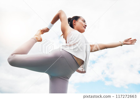 Yoga exercise woman and bow balance, stretching and outdoor fitness, wellness and mindfulness on cloud blue sky background. Below of healthy pilates training, strong body focus and zen mindset energy 117272663