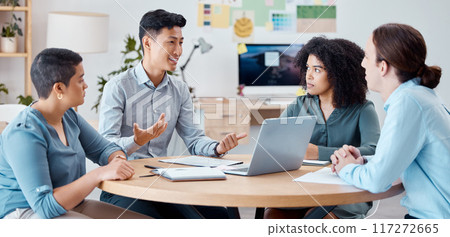 Strategy, planning and employees meeting about a business project in an office together at work. Asian manager talking to team of workers about idea for corporate collaboration with a laptop 117272665