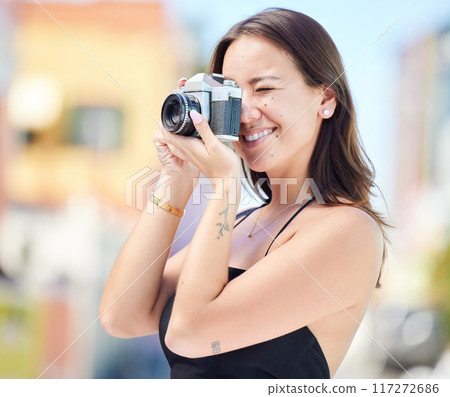 Photographer, city photography and digital camera woman take urban photoshoot for memory on world, global or international travel. Vacation tour, smile and happy asian girl shooting outdoor Singapore 117272686