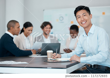 Businessman, paper writing or happy intern in digital marketing meeting, global creative startup or advertising company. Employee portrait, smile or motivation worker in teamwork collaboration office Businessman, paper writing or happy intern in digital marketing meeting, global creative startup or advertising company. Employee portrait, smile or motivation worker in teamwork collaboration office 117272693