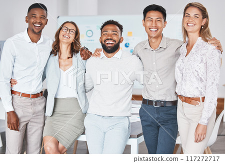 Business people, diversity and teamwork collaboration with success, pride and motivation vision in marketing startup. Portrait, smile and happy men and women for about us in advertising office compan 117272717