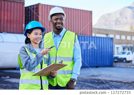 Logistics, planning and employees talking about cargo delivery while working together at a port. Industrial team speaking about shipping of stock and inspection of container at an outdoor warehouse 117272735