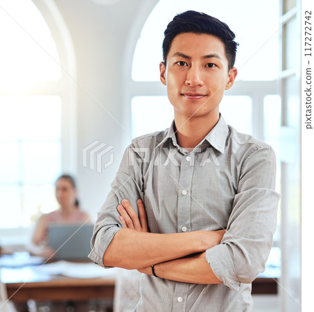 Trust, proud and businessman portrait for Korea startup company in a office or workplace. Corporate asian manager, ceo or boss happy with career, vision for business development and goal for success 117272742