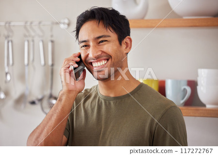 Happy man, phone call and communication in home kitchen for conversation, connection and talking in Colombia. Smile young guy speaking on smartphone, cellphone discussion and mobile technology hello Happy man, phone call and communication in home kitchen for conversation, connection and talking in Colombia. Smile young guy speaking on smartphone, cellphone discussion and mobile technology hello 117272767