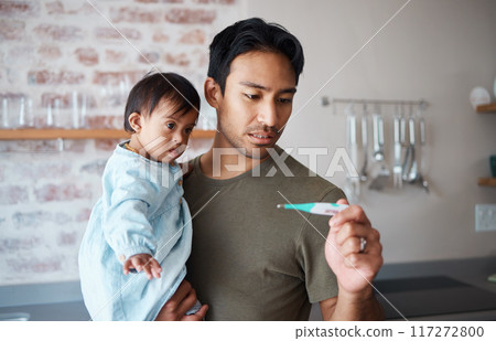 Down syndrome, thermometer and parent worried about baby health, checking fever and temperature in a kitchen. Love, disability and child care with special needs newborn bonding with concerned father Down syndrome, thermometer and parent worried about baby health, checking fever and temperature in a kitchen. Love, disability and child care with special needs newborn bonding with concerned father 117272800